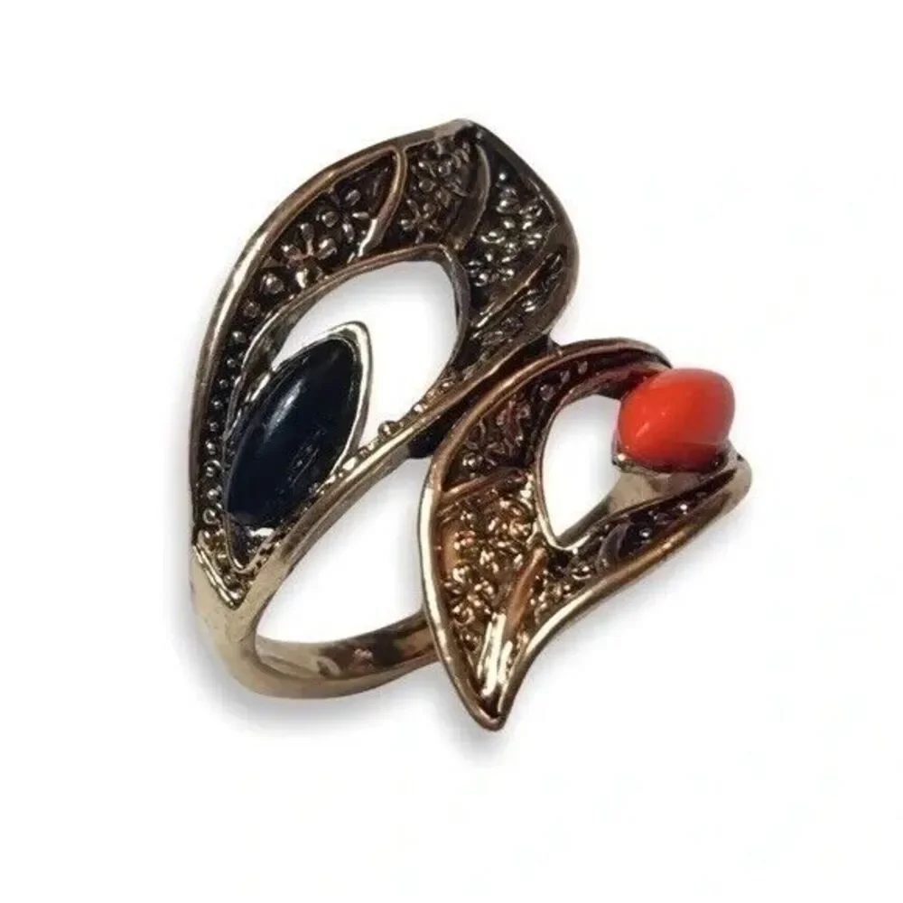Vintage Ring Size 8.5 Gold Tone Orange Black Rhinestones Calla Lily